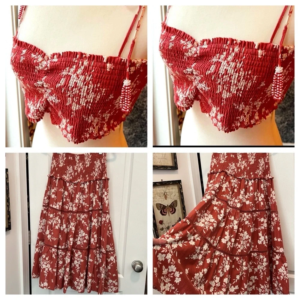 NEW House of Harlow 1960 smocked Crop rust red floral tassel tie top SKIrt set